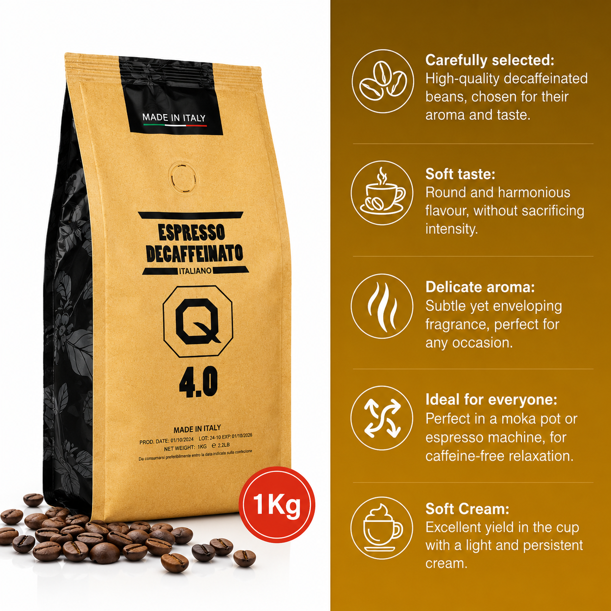 Decaffeinated Italian Coffee Beans – Smooth Espresso Blend (Caffeine Free)