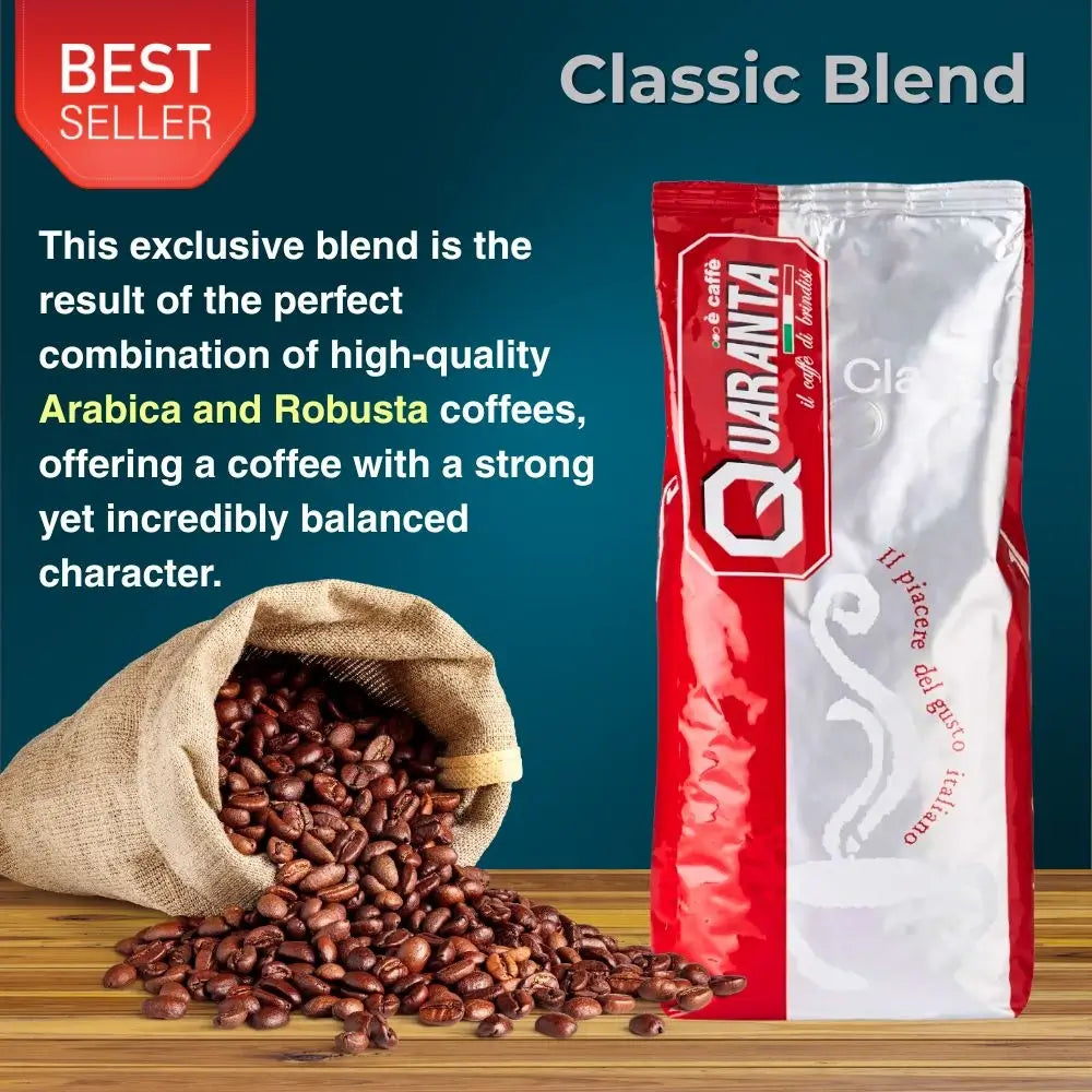 Quaranta coffee package with coffee beans on a wooden surface and blue background